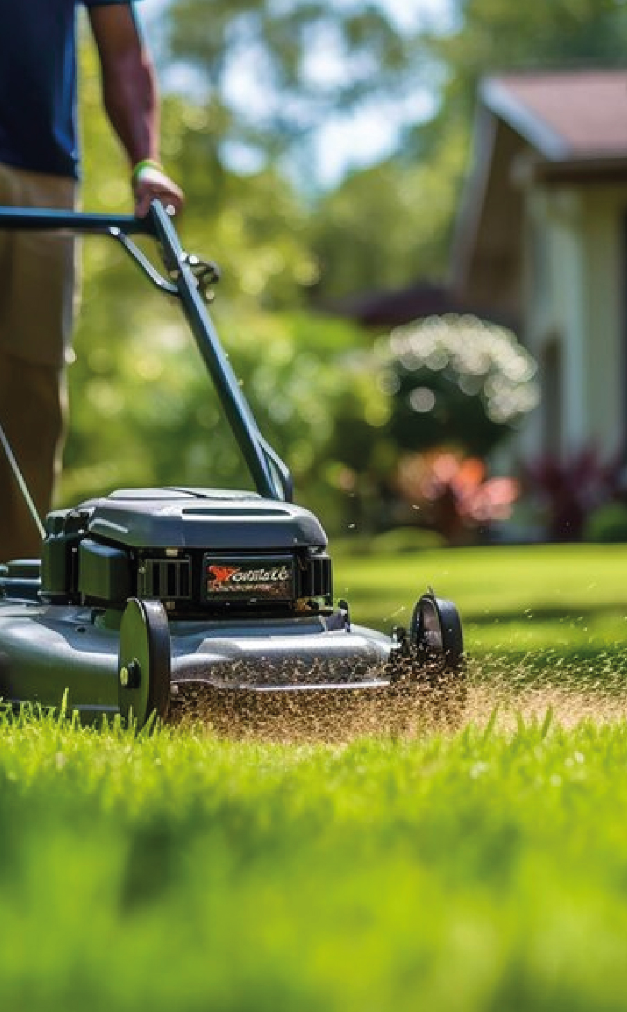 Ecotersa staff using a lawnmower to trim grass as part of the green area maintenance service